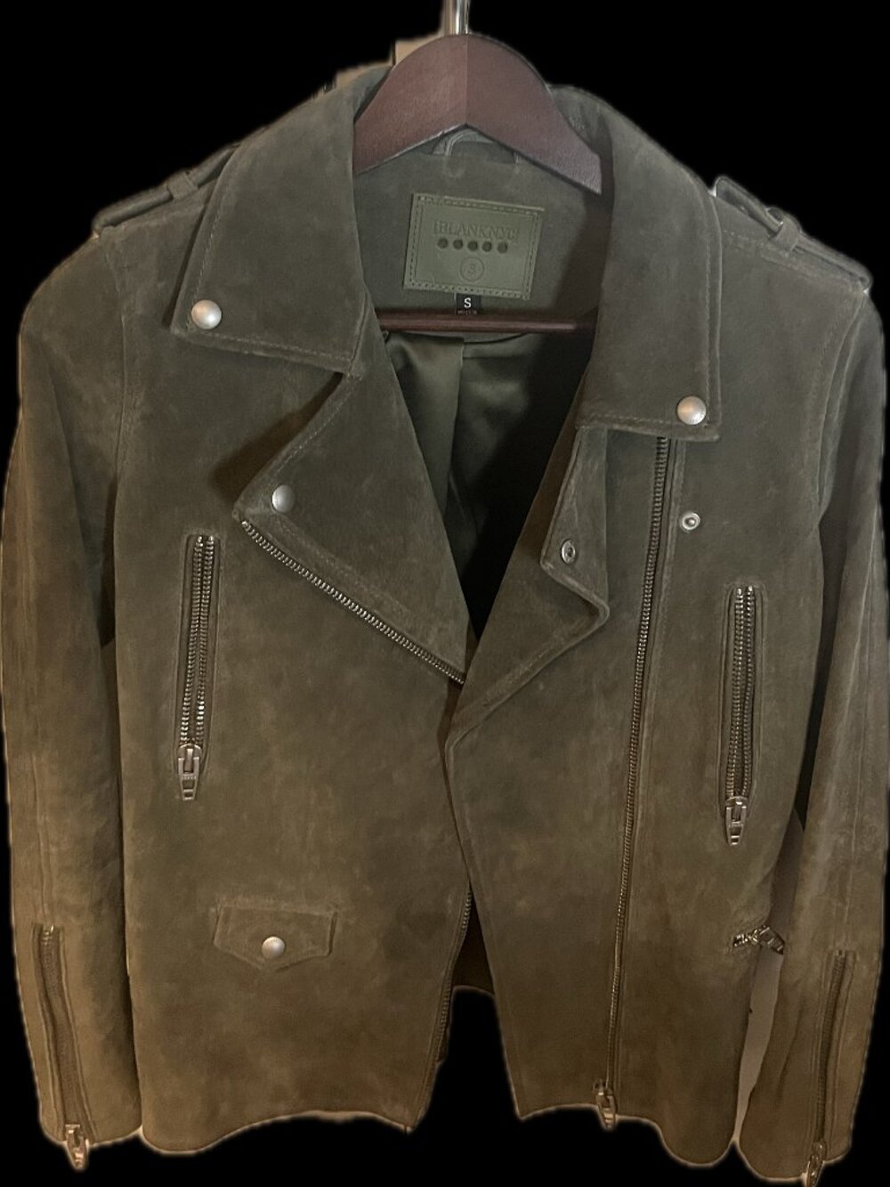 BlankNYC green suede moto bomber jacket